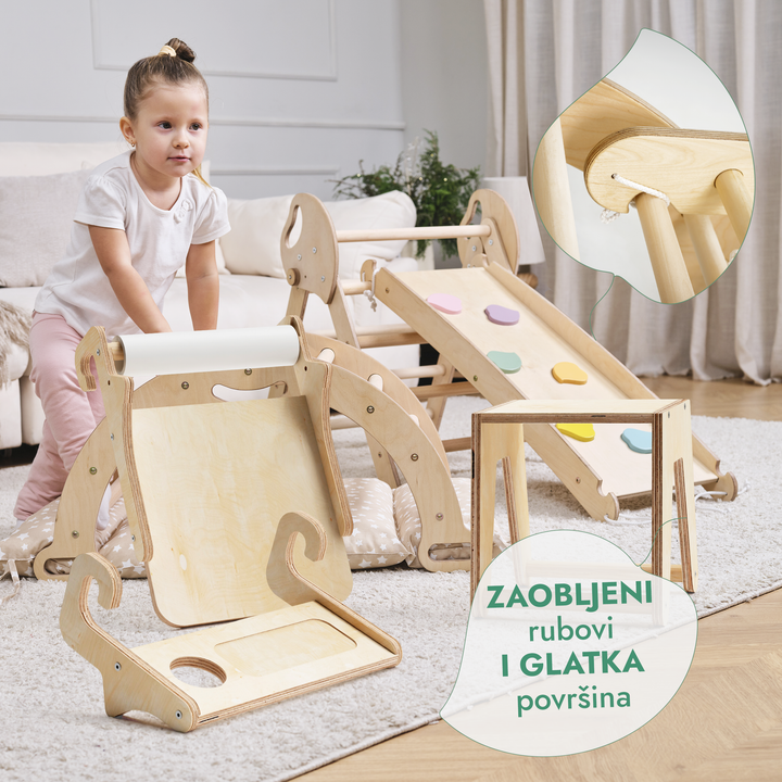 5-u-1 Montessori set za penjanje: trokutaste ljestve + luk za penjanje + daska za spuštanje + jastuk + Umjetnički dodatak (1 – 3 god.)