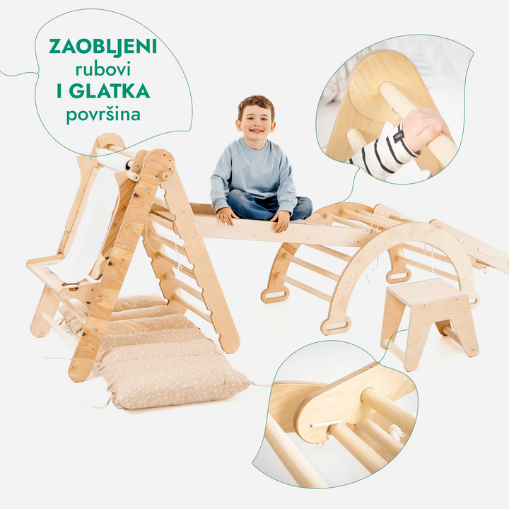 6-u-1 Montessori set za penjanje: Trokutaste ljestve + Luk/Klackalica + daska za spuštanje / Rampa + Mreža + Jastuk + Umjetnički dodatak
