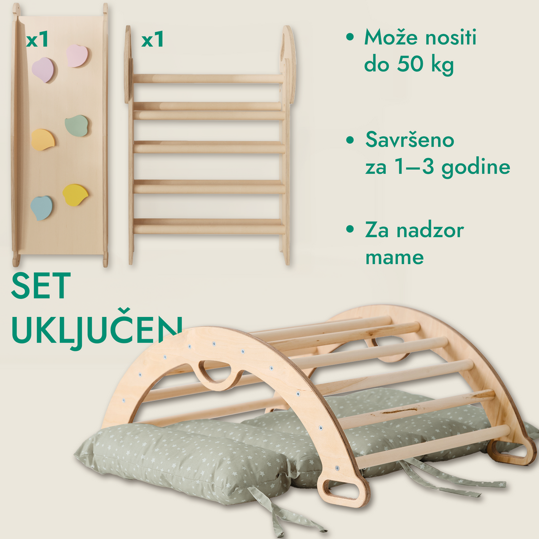 4-u-1 Montessori set za penjanje: trokutaste ljestve + luk za penjanje + daska za spuštanje + jastuk (1 – 3 god.)