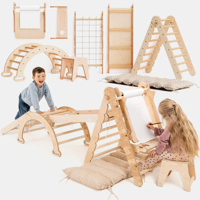 6-u-1 Montessori set za penjanje: Trokutaste ljestve + Luk/Klackalica + daska za spuštanje / Rampa + Mreža + Jastuk + Umjetnički dodatak