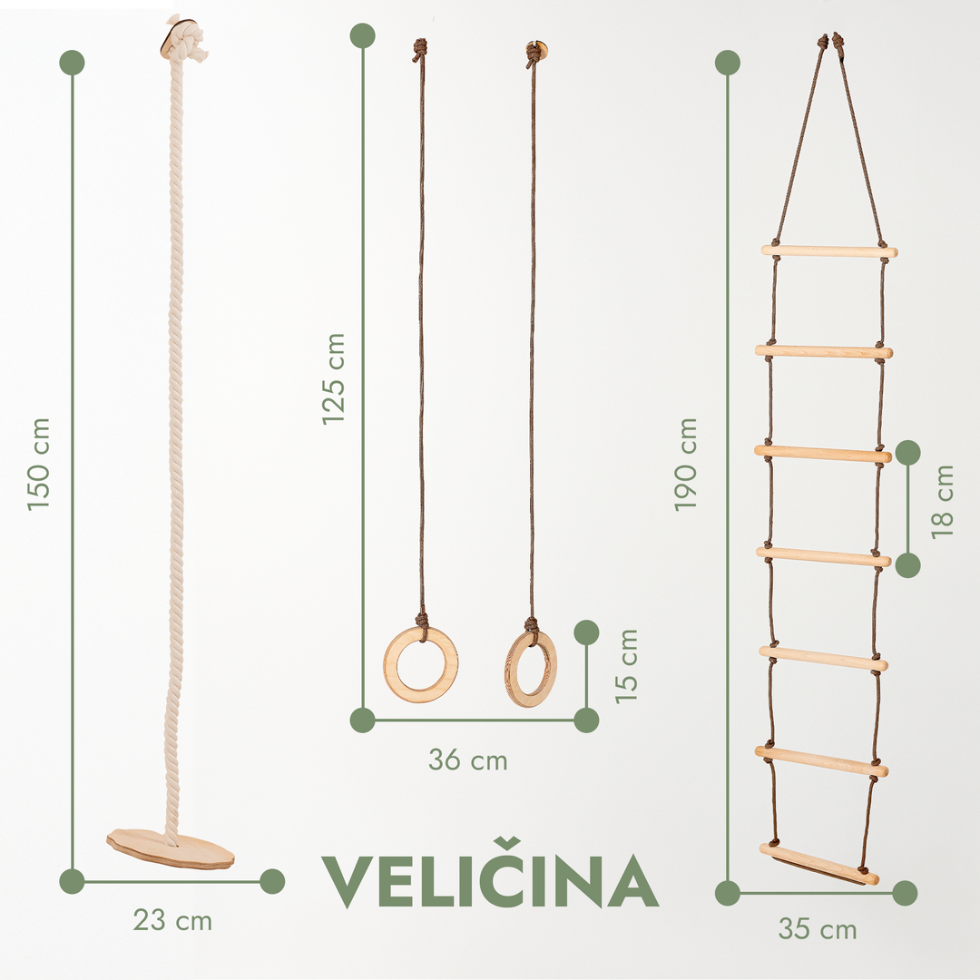 3-u-1 Ljuljačka i set za penjanje: Ljestve od užeta, Karike za vježbanje i Ljuljačka s Diskom