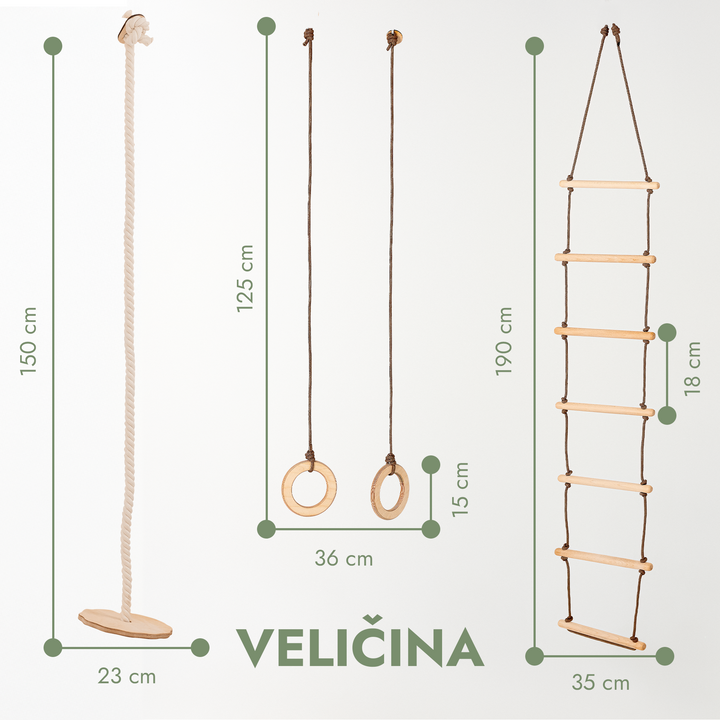 3-u-1 Ljuljačka i set za penjanje: Ljestve od užeta, Karike za vježbanje i Ljuljačka s Diskom