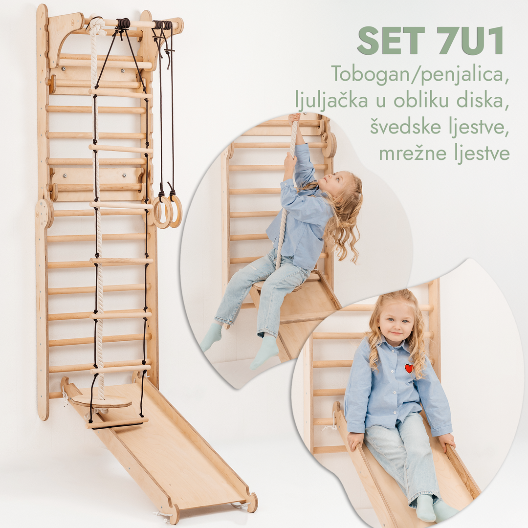 Drveni švedski zid / Ljestve za penjanje za djecu + Set ljuljački + Klizna ploča + Dodatak za umjetnost