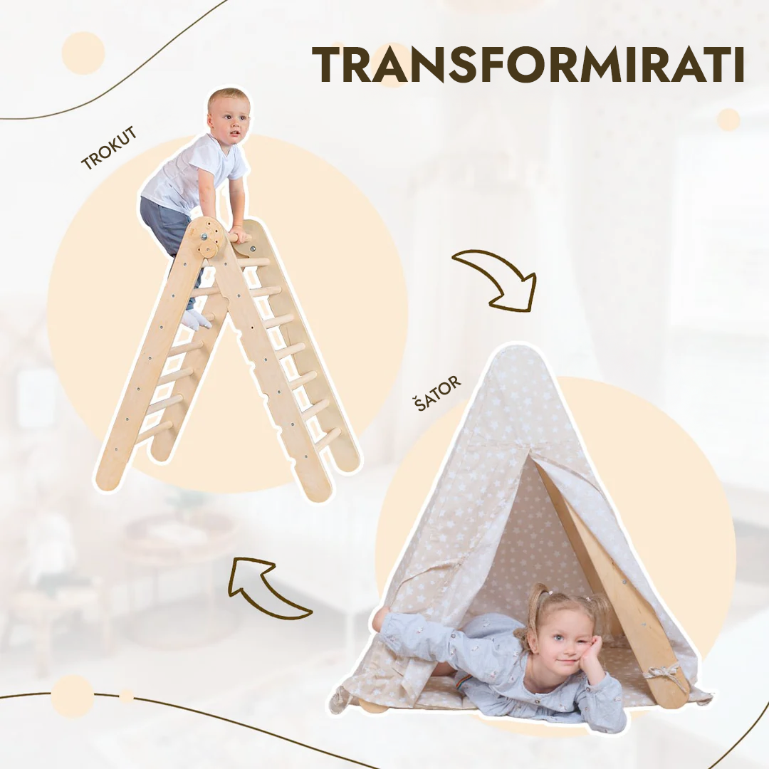 Pokrov u obliku šatora za igru s prostirkom za penjanje na trokutaste ljestve