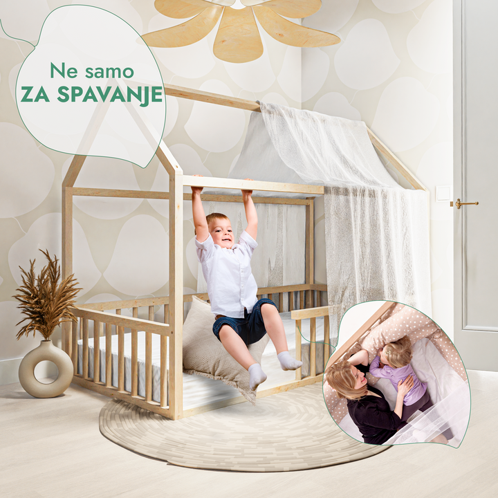 Drveni Montessori podni krevet u obliku kućice s ogradom i krovom za djecu