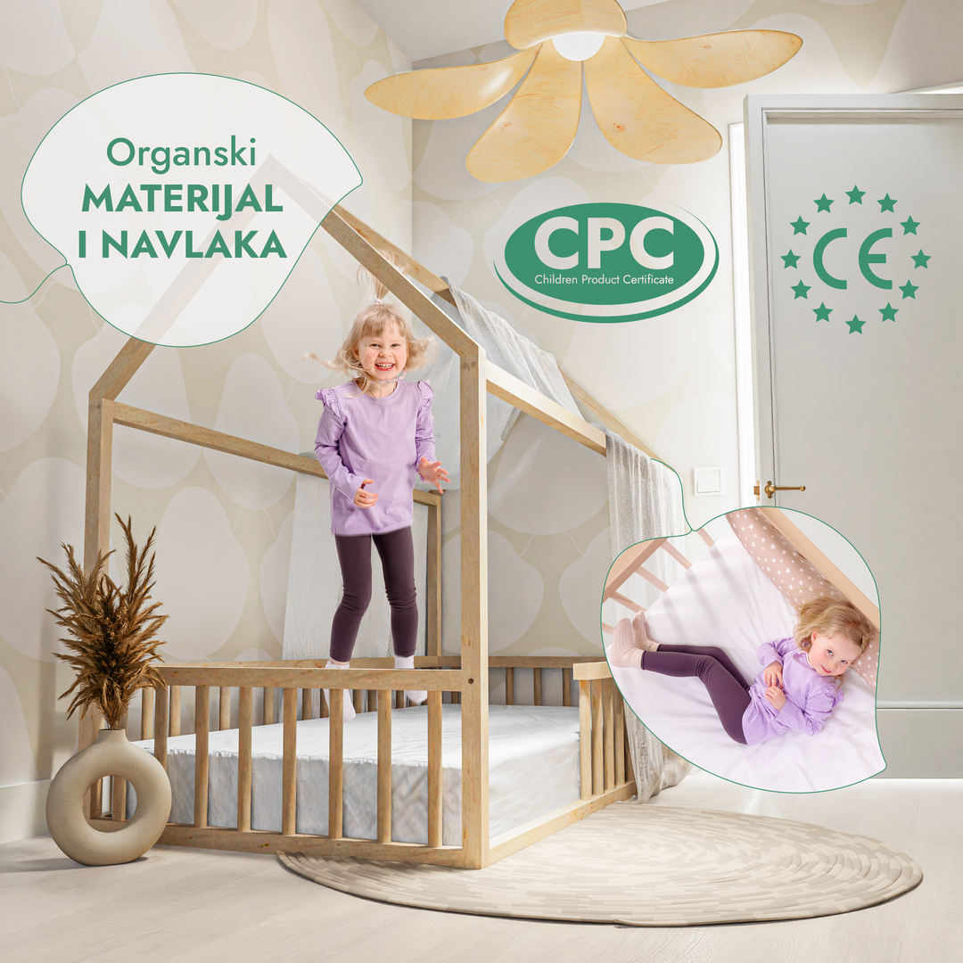 Drveni Montessori podni krevet u obliku kućice s ogradom i krovom za djecu