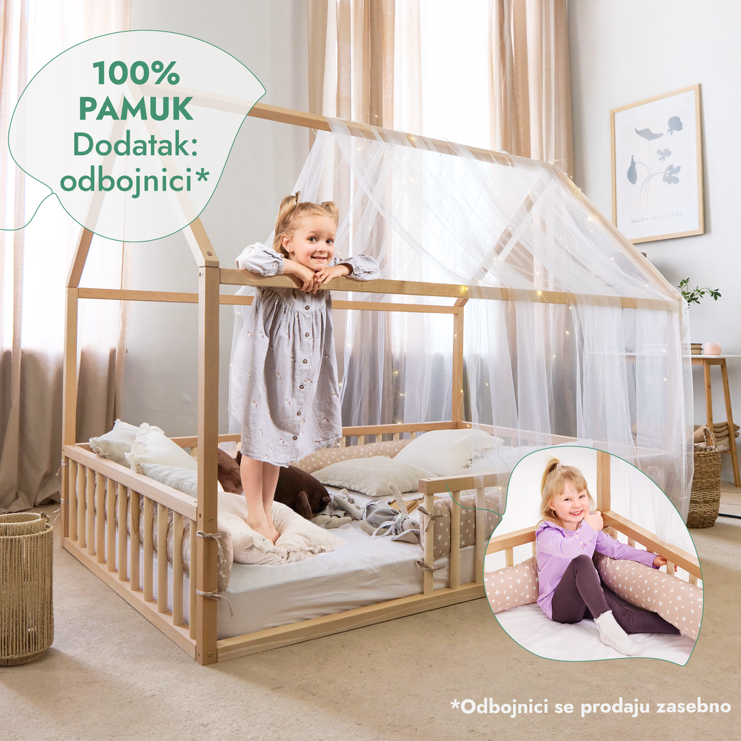 Drveni Montessori podni krevet u obliku kućice s ogradom i krovom za djecu