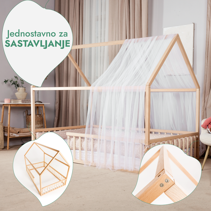 Drveni Montessori podni krevet u obliku kućice s ogradom i krovom za djecu