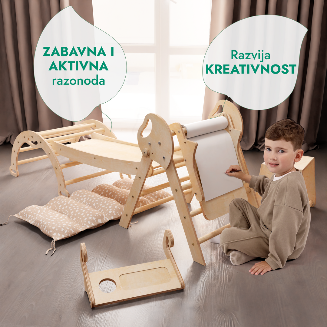 5-u-1 Montessori set za penjanje: trokutaste ljestve + luk za penjanje + daska za spuštanje + jastuk + Umjetnički dodatak (1 – 3 god.)