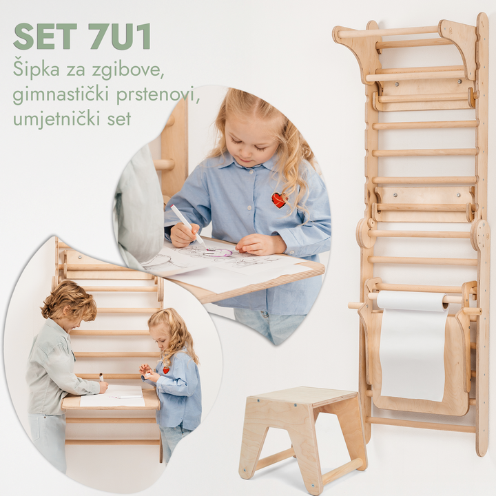 Drveni švedski zid / Ljestve za penjanje za djecu + Set ljuljački + Klizna ploča + Dodatak za umjetnost