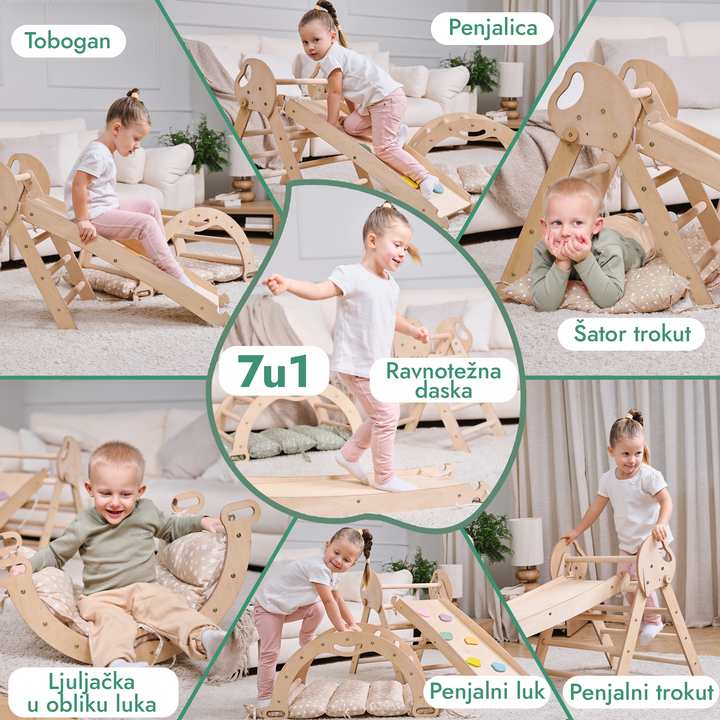 4-u-1 Montessori set za penjanje: trokutaste ljestve + luk za penjanje + daska za spuštanje + jastuk (1 – 3 god.)