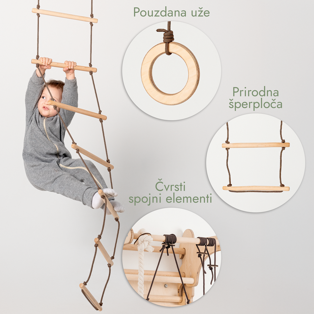 3-u-1 Ljuljačka i set za penjanje: Ljestve od užeta, Karike za vježbanje i Ljuljačka s Diskom