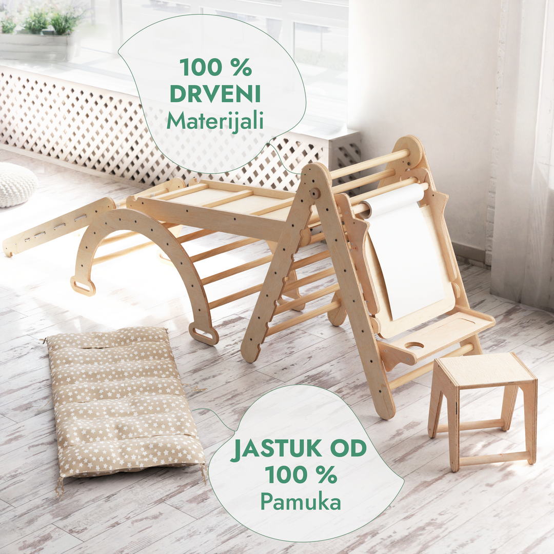 6-u-1 Montessori set za penjanje: Trokutaste ljestve + Luk/Klackalica + daska za spuštanje / Rampa + Mreža + Jastuk + Umjetnički dodatak