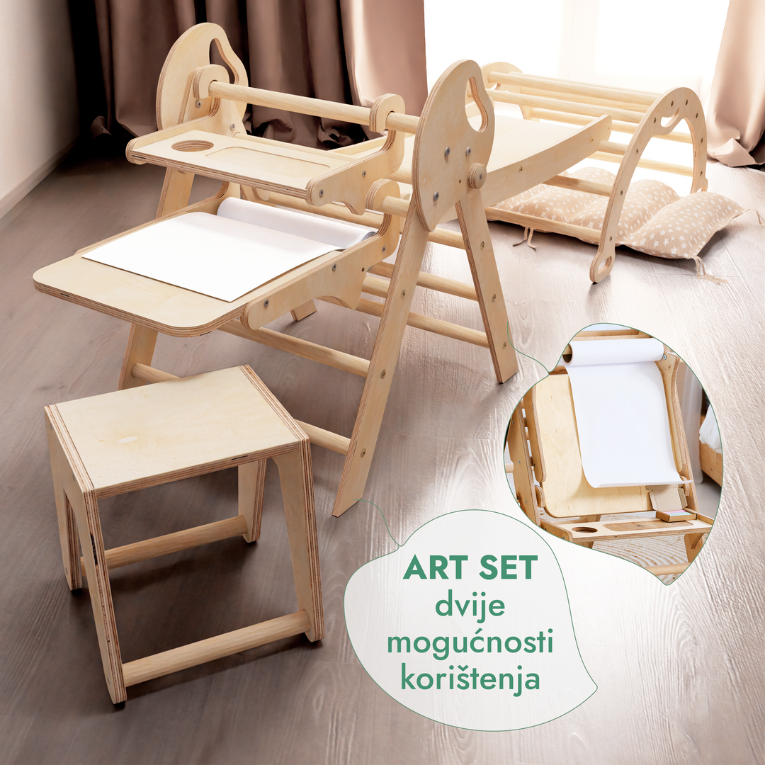 5-u-1 Montessori set za penjanje: trokutaste ljestve + luk za penjanje + daska za spuštanje + jastuk + Umjetnički dodatak (1 – 3 god.)