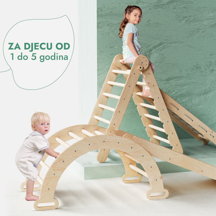 4-u-1 Montessori set za penjanje: Trokutaste ljestve + Luk za penjanje + Daska za spuštanje + Mreža