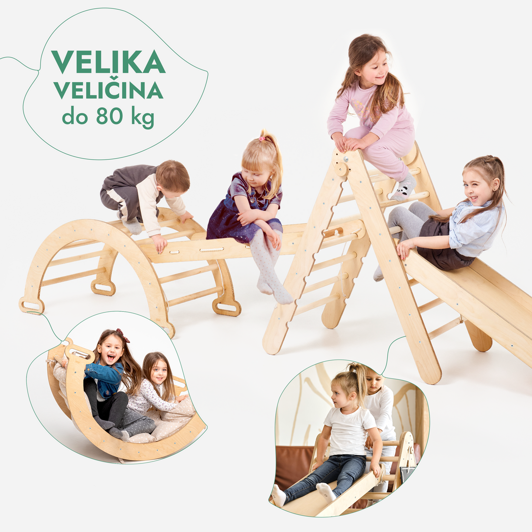 4-u-1 Montessori set za penjanje: Trokutaste ljestve + Luk za penjanje + Daska za spuštanje + Mreža