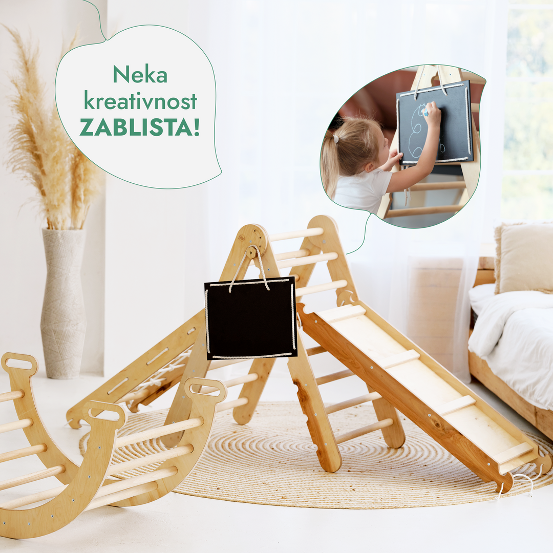 4-u-1 Montessori set za penjanje: Trokutaste ljestve + Luk za penjanje + Daska za spuštanje + Mreža