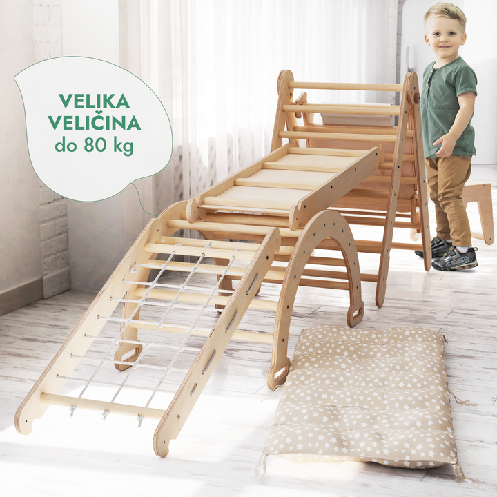 6-u-1 Montessori set za penjanje: Trokutaste ljestve + Luk/Klackalica + daska za spuštanje / Rampa + Mreža + Jastuk + Umjetnički dodatak