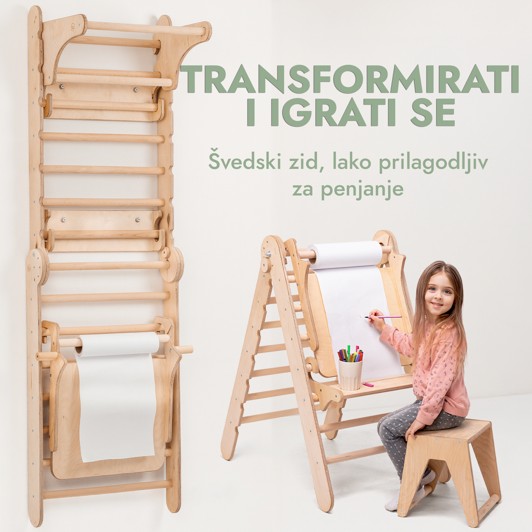 Drveni švedski zid / Ljestve za penjanje za djecu + Set ljuljački + Klizna ploča + Dodatak za umjetnost