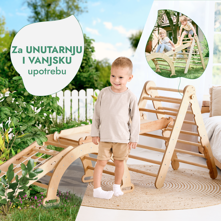 4-u-1 Montessori set za penjanje: Trokutaste ljestve + Luk za penjanje + Daska za spuštanje + Mreža