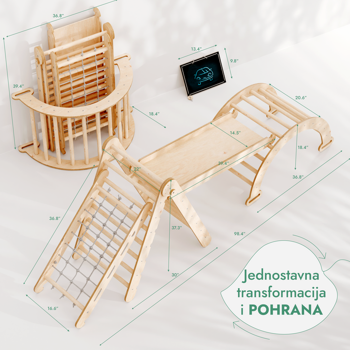 4-u-1 Montessori set za penjanje: Trokutaste ljestve + Luk za penjanje + Daska za spuštanje + Mreža