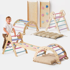 4-u-1 Montessori Set za Penjanje: Piklerov trokut, Luk, Daska za klizanje i jastuk za malu djecu (1–3 godine) – Pastelne Boje