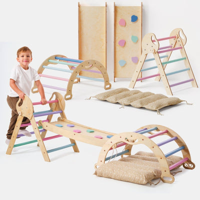 4-u-1 Montessori Set za Penjanje: Piklerov trokut, Luk, Daska za klizanje i jastuk za malu djecu (1–3 godine) – Pastelne Boje