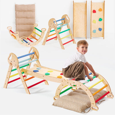 4-u-1 Montessori Set za Penjanje: Piklerov trokut, Luk, Daska za klizanje i jastuk za malu djecu (1–3 godine) - Dugina