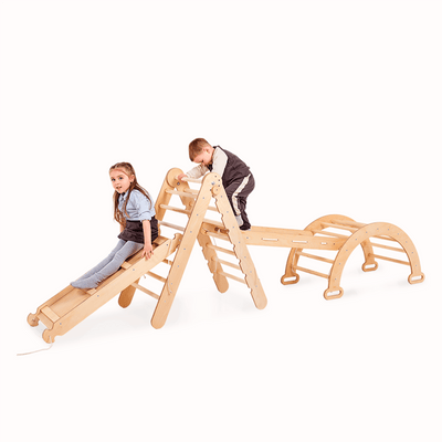 4-u-1 Montessori set za penjanje: Trokutaste ljestve + Luk za penjanje + Daska za spuštanje + Mreža