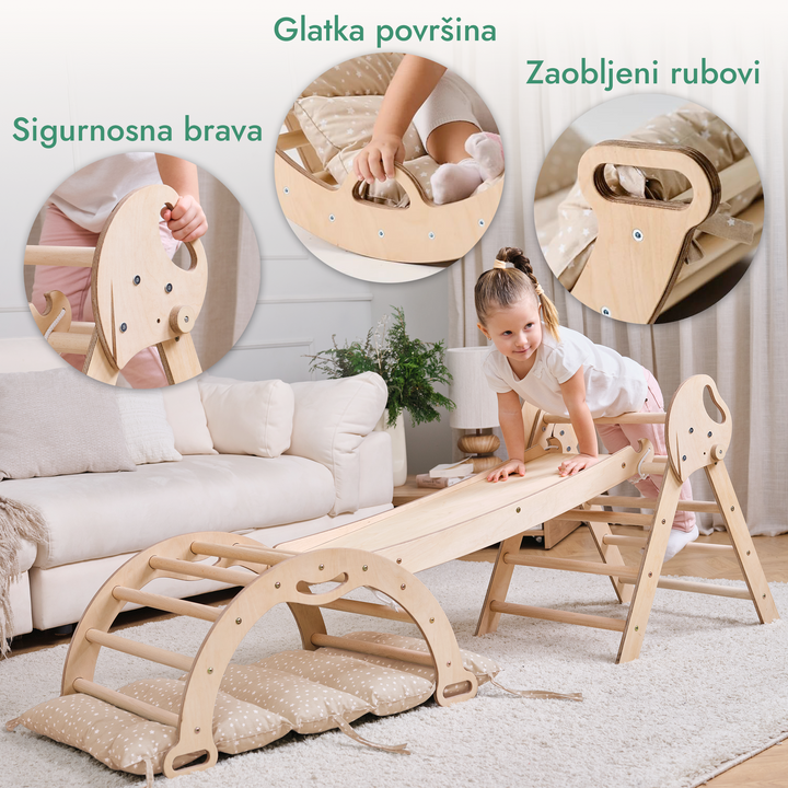 4-u-1 Montessori set za penjanje: trokutaste ljestve + luk za penjanje + daska za spuštanje + jastuk (1 – 3 god.)