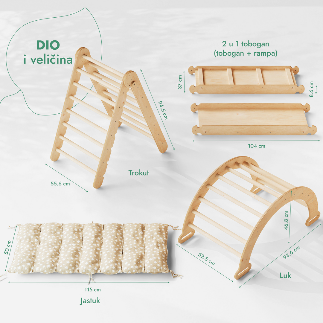 4-u-1 Montessori set za penjanje: Trokutaste ljestve + Luk za penjanje + Daska za spuštanje i Jastuk