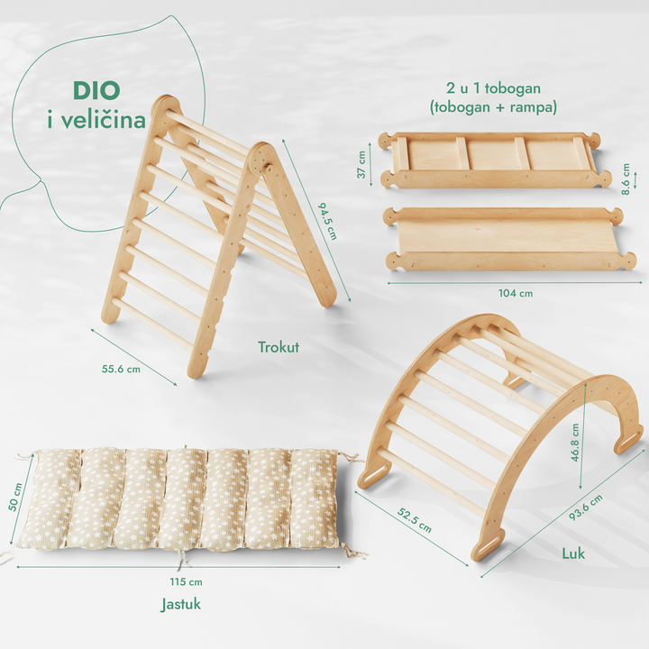 4-u-1 Montessori set za penjanje: Trokutaste ljestve + Luk za penjanje + Daska za spuštanje i Jastuk