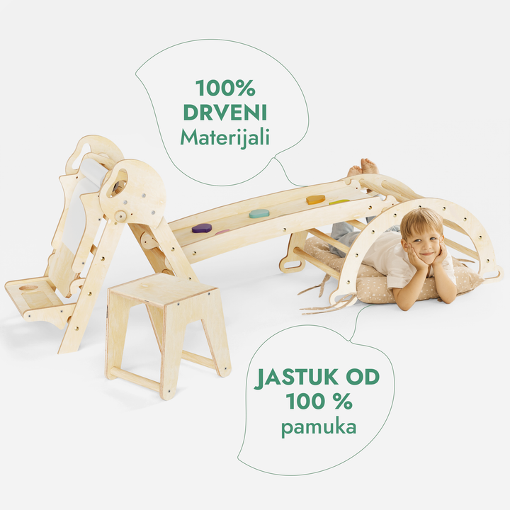 5-u-1 Montessori set za penjanje: trokutaste ljestve + luk za penjanje + daska za spuštanje + jastuk + Umjetnički dodatak (1 – 3 god.)