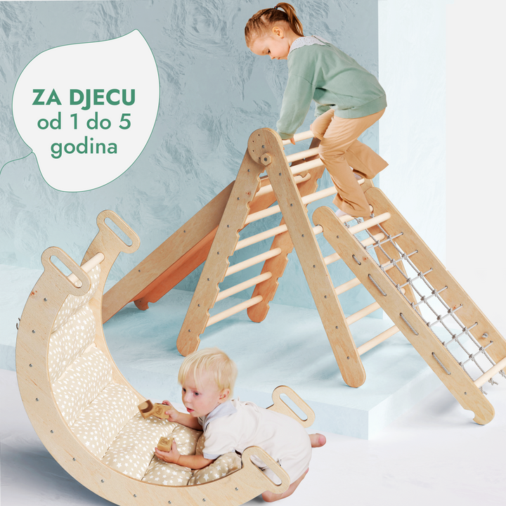 Montessori set za penjanje 5-u-1: Piklerov trokut + Luk za penjanje i ljuljanje + Mreža za penjanje + Tobogan / Penjalica + Jastuk