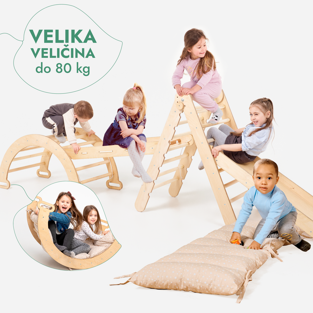 Montessori set za penjanje 5-u-1: Piklerov trokut + Luk za penjanje i ljuljanje + Mreža za penjanje + Tobogan / Penjalica + Jastuk