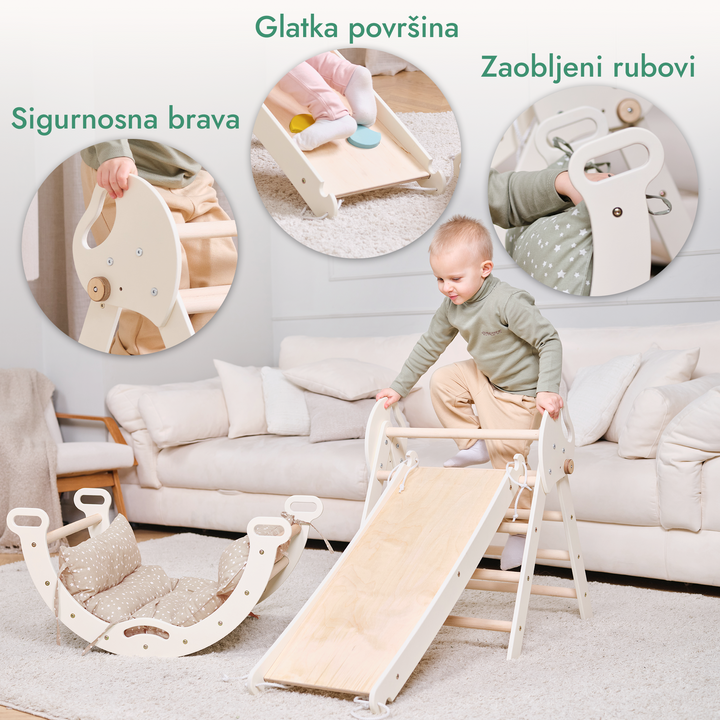 4-u-1 Montessori set za penjanje: trokutaste ljestve + luk za penjanje + daska za spuštanje + jastuk (1 – 3 god.)