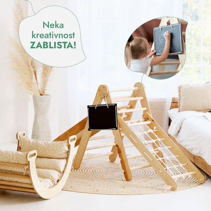 Montessori set za penjanje 5-u-1: Piklerov trokut + Luk za penjanje i ljuljanje + Mreža za penjanje + Tobogan / Penjalica + Jastuk