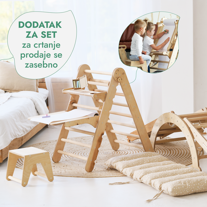 Montessori set za penjanje 5-u-1: Piklerov trokut + Luk za penjanje i ljuljanje + Mreža za penjanje + Tobogan / Penjalica + Jastuk
