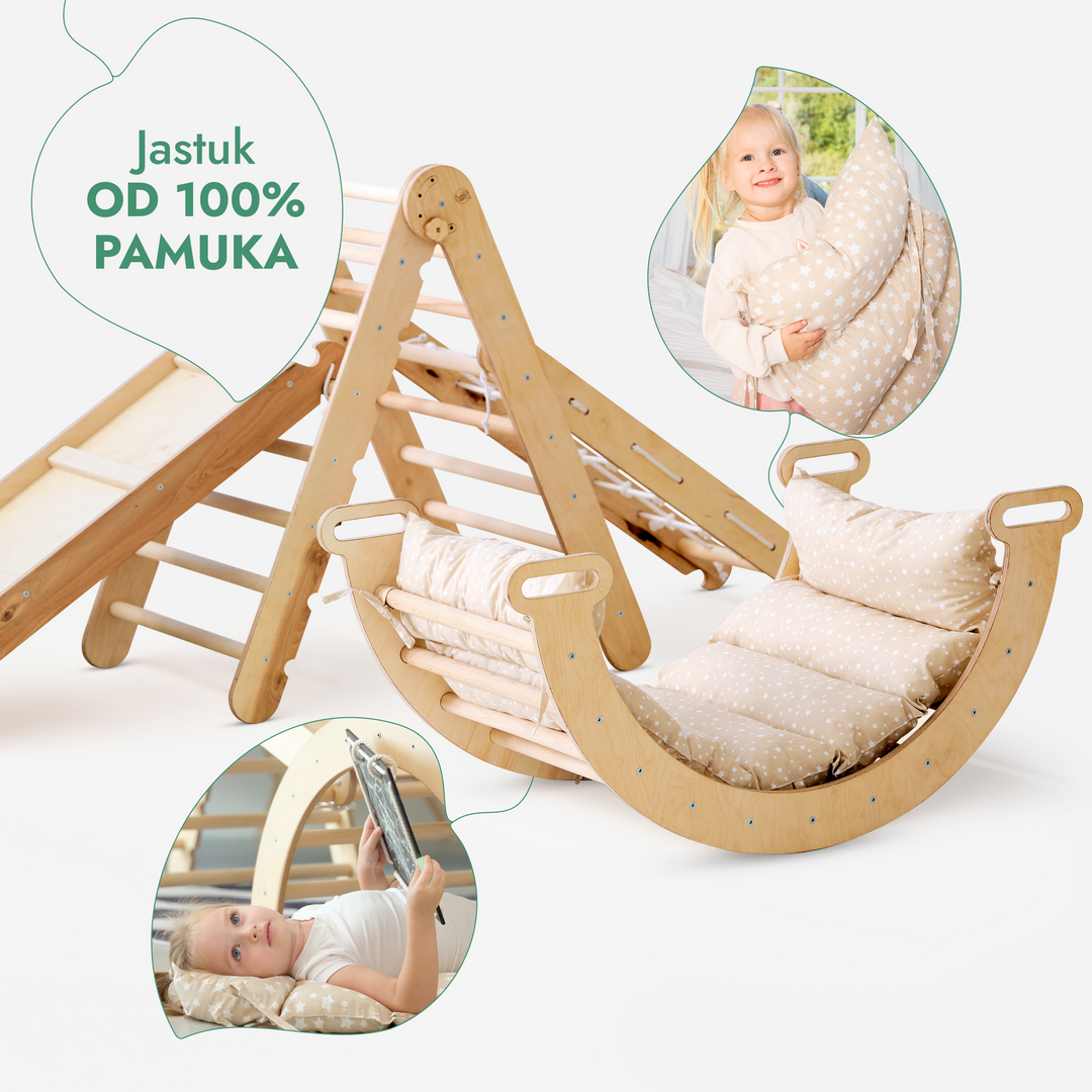 Montessori set za penjanje 5-u-1: Piklerov trokut + Luk za penjanje i ljuljanje + Mreža za penjanje + Tobogan / Penjalica + Jastuk