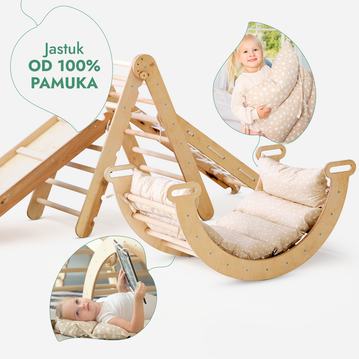 Montessori set za penjanje 5-u-1: Piklerov trokut + Luk za penjanje i ljuljanje + Mreža za penjanje + Tobogan / Penjalica + Jastuk