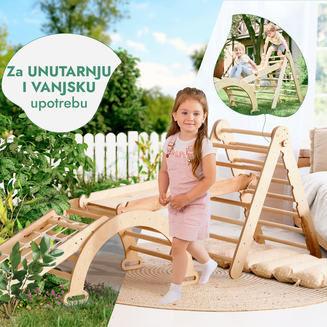 Montessori set za penjanje 5-u-1: Piklerov trokut + Luk za penjanje i ljuljanje + Mreža za penjanje + Tobogan / Penjalica + Jastuk