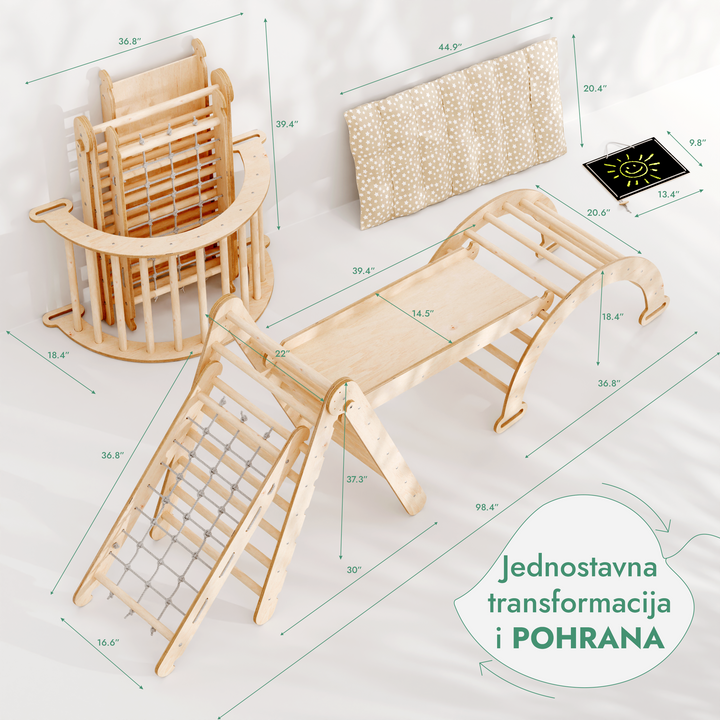 Montessori set za penjanje 5-u-1: Piklerov trokut + Luk za penjanje i ljuljanje + Mreža za penjanje + Tobogan / Penjalica + Jastuk