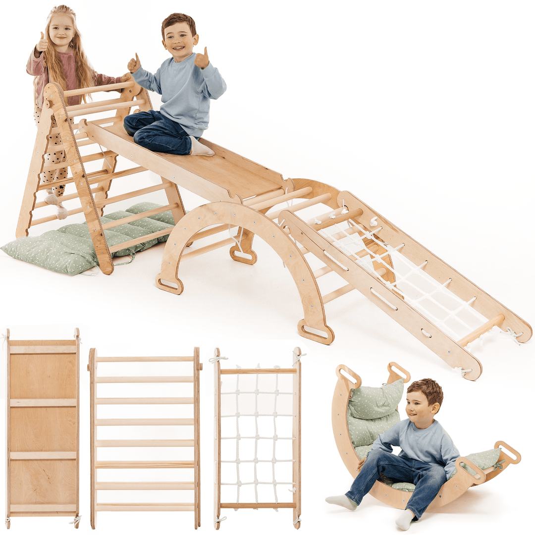 Montessori set za penjanje 5-u-1: Piklerov trokut + Luk za penjanje i ljuljanje + Mreža za penjanje + Tobogan / Penjalica + Jastuk