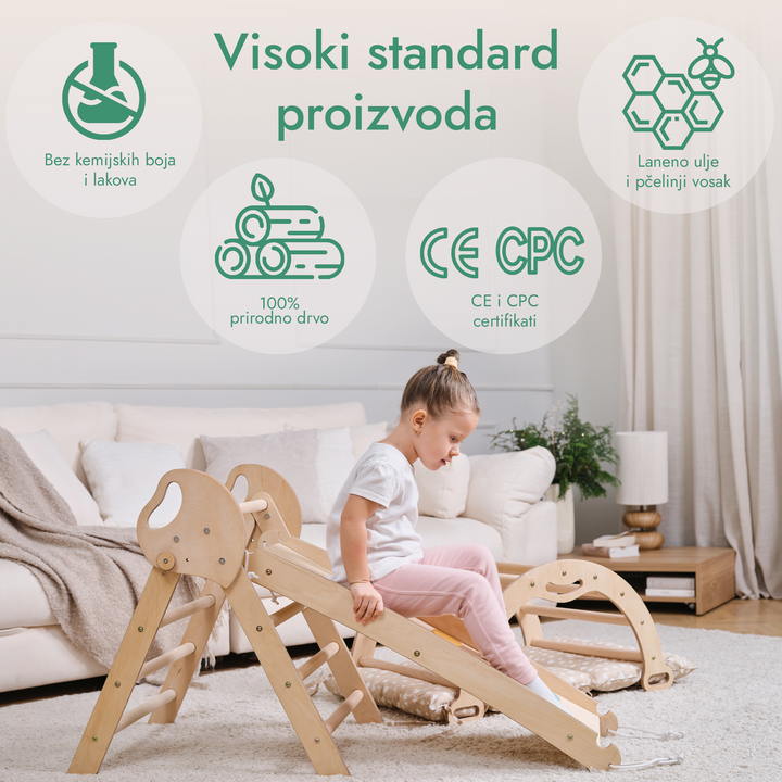 4-u-1 Montessori set za penjanje: trokutaste ljestve + luk za penjanje + daska za spuštanje + jastuk (1 – 3 god.)