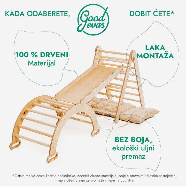 4-u-1 Montessori set za penjanje: Trokutaste ljestve + Luk za penjanje + Daska za spuštanje i Jastuk