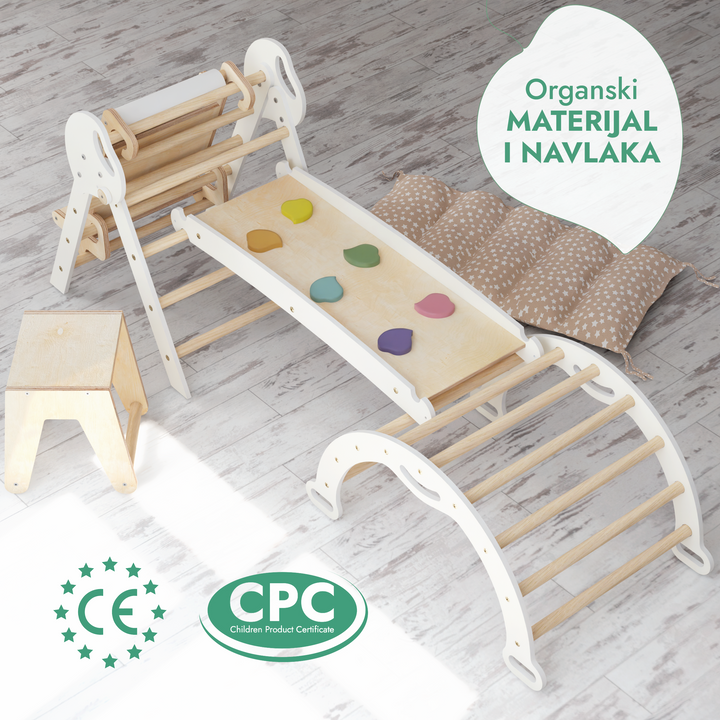 5-u-1 Montessori set za penjanje: trokutaste ljestve + luk za penjanje + daska za spuštanje + jastuk + Umjetnički dodatak (1 – 3 god.)