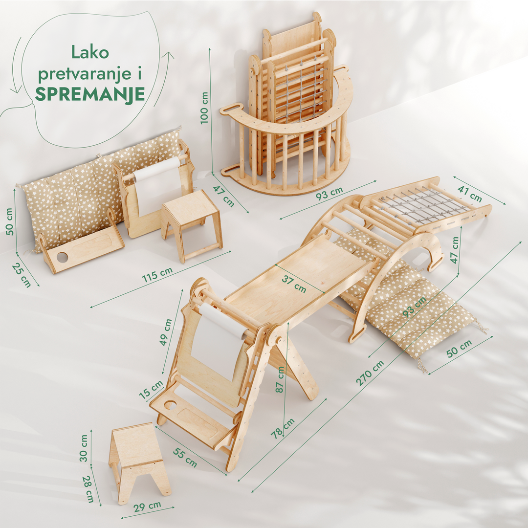 6-u-1 Montessori set za penjanje: Trokutaste ljestve + Luk/Klackalica + daska za spuštanje / Rampa + Mreža + Jastuk + Umjetnički dodatak