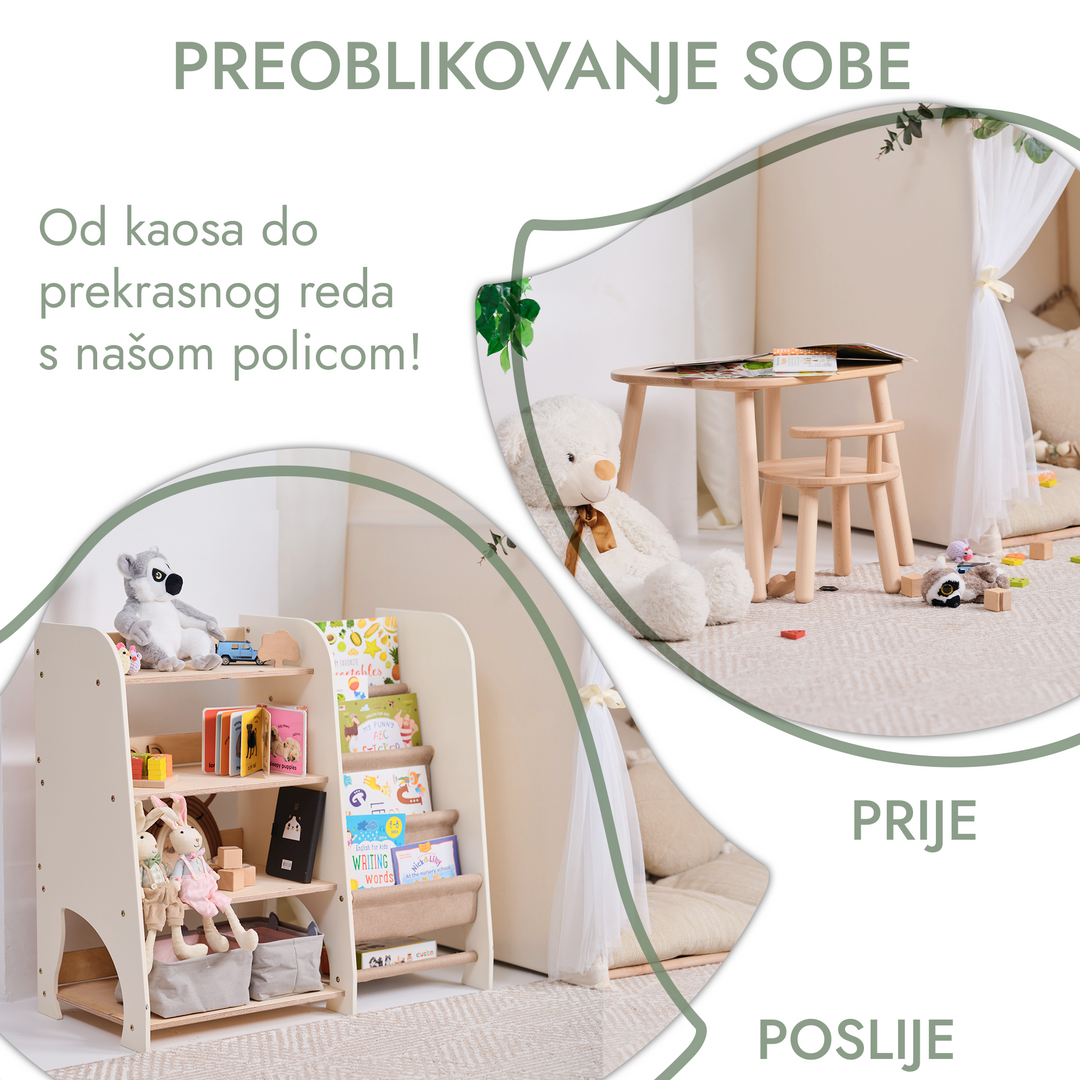 Drvene 2-u-1 Montessori police: police za knjige i igračke