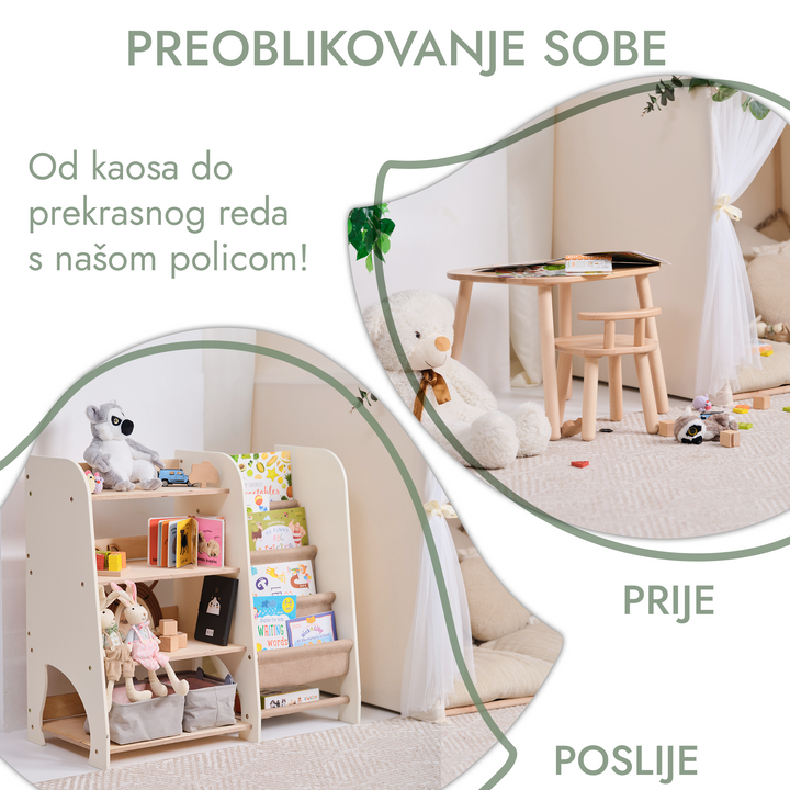 Drvene 2-u-1 Montessori police: police za knjige i igračke