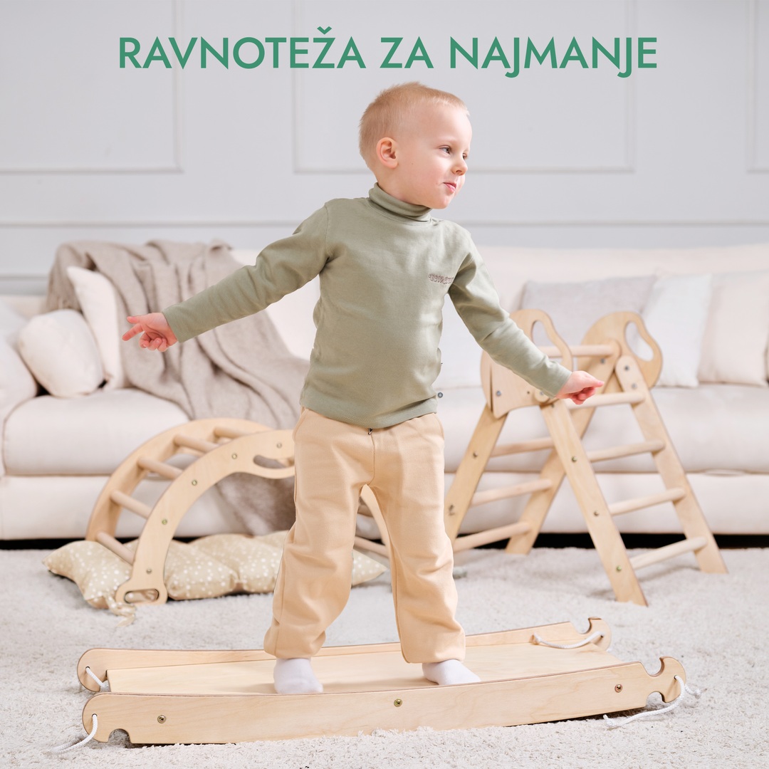 4-u-1 Montessori set za penjanje: trokutaste ljestve + luk za penjanje + daska za spuštanje + jastuk (1 – 3 god.)